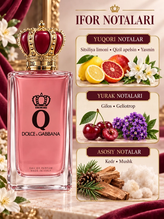 Ayollar uchun "Q by Dolce&Gabbana" mevali va yog‘och iforli parfyumeriya suvi, 100 ml