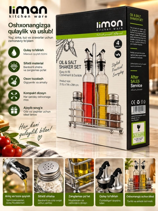 4 qismli Yog‘ va Ziravorlar Idishlari To‘plami | Limon Kitchen Ware - 