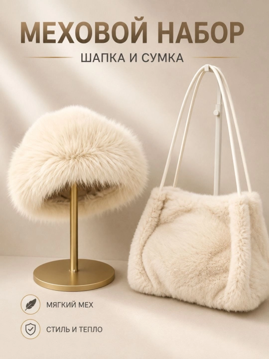 Меховой набор для женщин: шапка и сумка, тёплый мягкий мех, зимний комплект - 