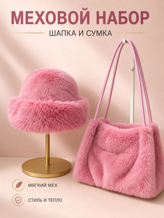 Меховой набор для женщин: шапка и сумка, тёплый мягкий мех, зимний комплект - 