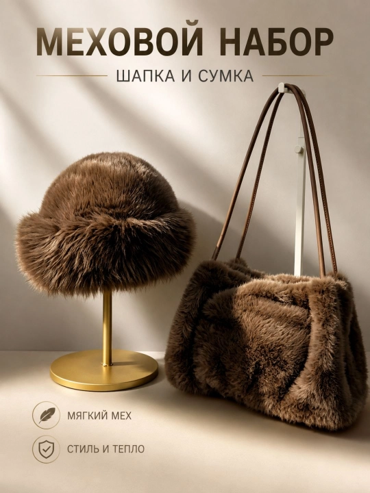 Меховой набор для женщин: шапка и сумка, тёплый мягкий мех, зимний комплект - 