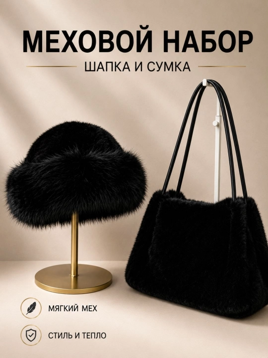 Меховой набор для женщин: шапка и сумка, тёплый мягкий мех, зимний комплект - 