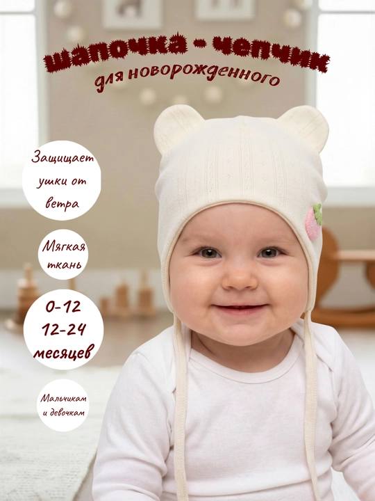 Детская шапка на завязках, шапочка с ушками для малышей, трикотажная шапка, 0–24 месяца