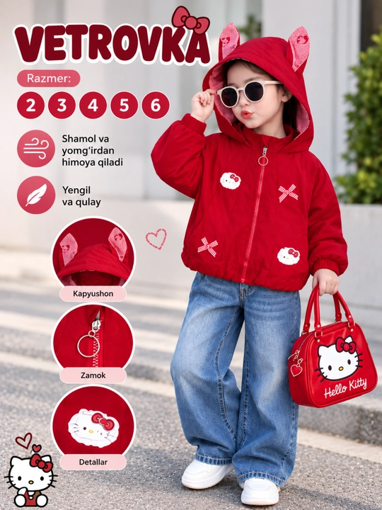Qiz bolalar uchun pushti va qizil vetrovka, kapyushonli kurtka, Hello Kittyli 2-6 yosh - 