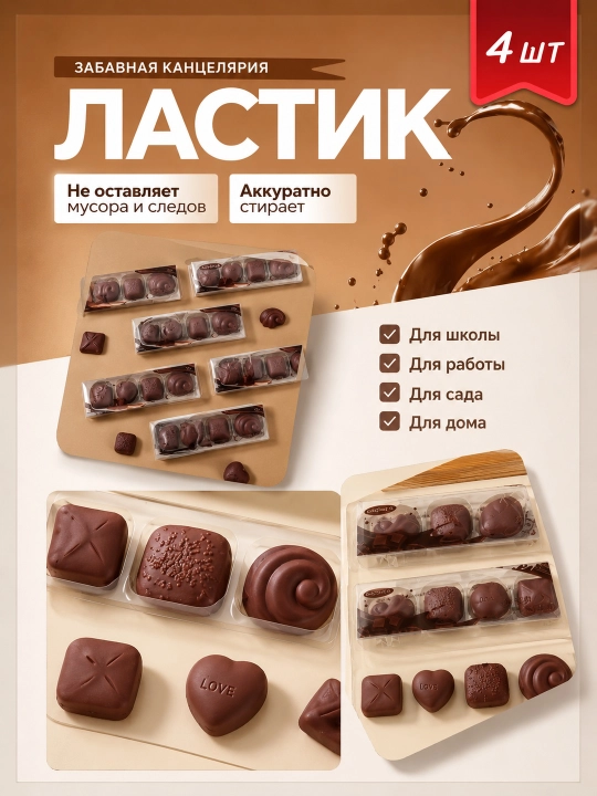 Набор ластиков в виде шоколада (4 шт.)