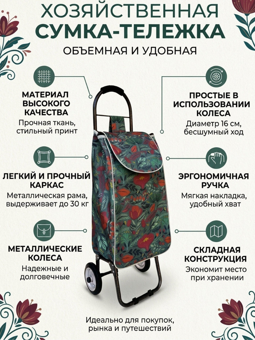Metall g'ildiraklardagi yig'iladigan xarid qilish uchun sumka-aravacha - 