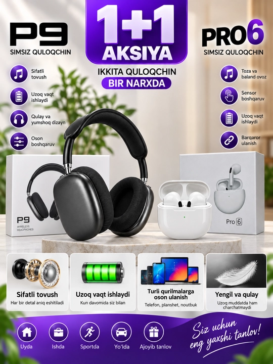 P9 va Pro 6 simsiz quloqchinlar to‘plami, Bluetooth, sensor boshqaruv