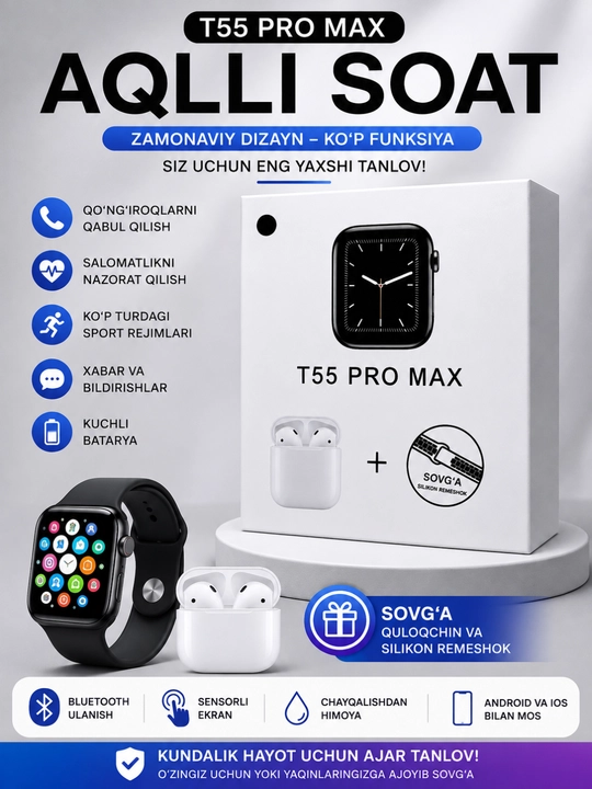 T55 Pro Max aqlli soat,elektron soat naushnik bilan, erkaklar va ayollar uchun aqlli soat