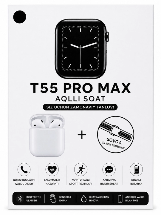 T55 Pro Max aqlli soat,elektron soat naushnik bilan, erkaklar va ayollar uchun aqlli soat