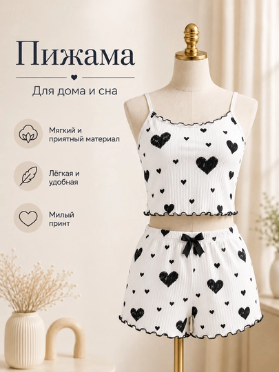 Ayollar uchun uy kiyimi komplekti, yurak naqshli top va shortik, 4 xil rang