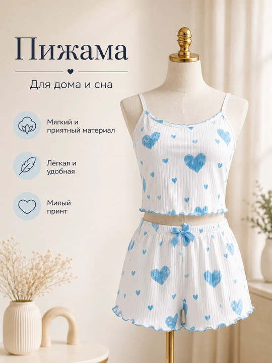 Ayollar uchun uy kiyimi komplekti, yurak naqshli top va shortik, 4 xil rang