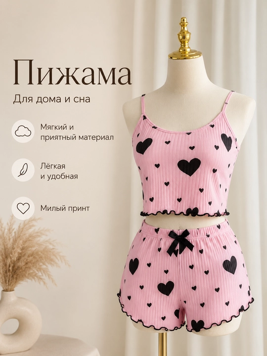 Ayollar uchun uy kiyimi komplekti, yurak naqshli top va shortik, 4 xil rang