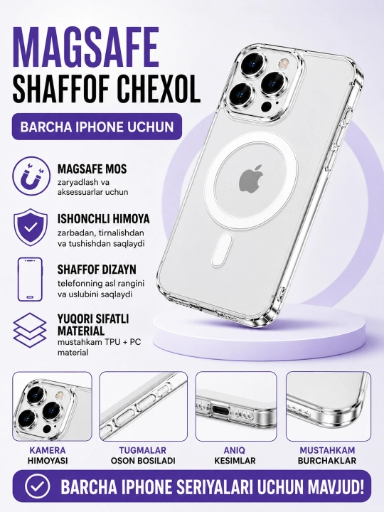 IPhone 11, 12, 13, 14, 15, 16, 17 plus,Pro,Max uchun MagSafe bilan shaffof plastik g'ilof - 