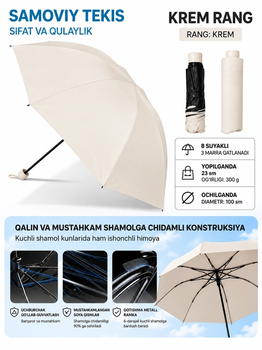 ULTRA чёрный складной зонт, 3 сложения, 100 см, 8 спиц, компактный - 