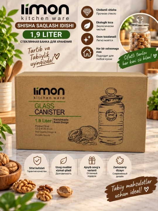 Shisha saqlash idishlari to‘plami Limon, 1.9 litr— 3 dona