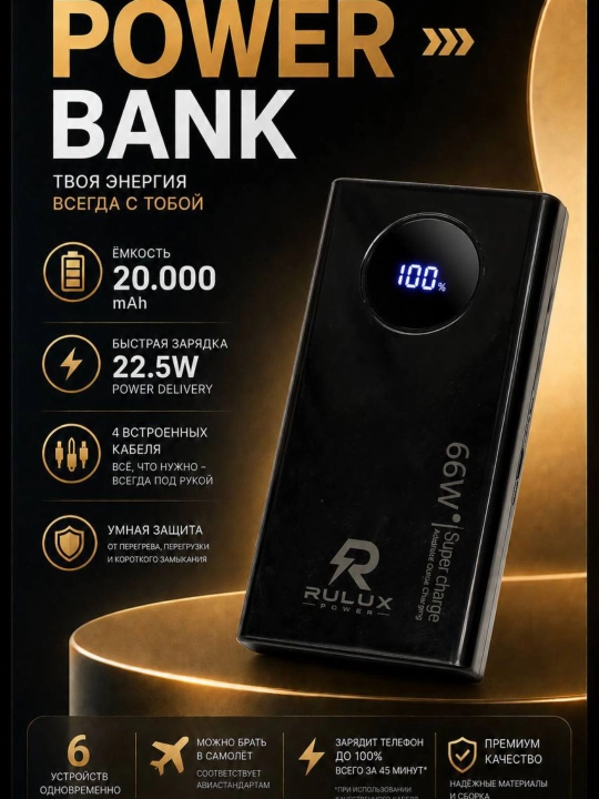 Внешний аккумулятор, 20000 mA/h, 66w, быстрая зарядка, очень удобный Power bank - 