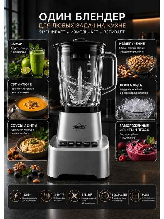 UAKEEN 1200W kuchli statsionar blenderi