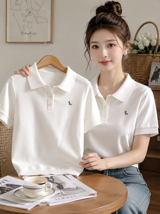 Ayollar uchun yoqali polo futbolka, qisqa yengli, trikotaj