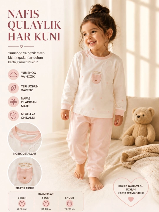Qizlarga pijama, o'g'il bollarga pijama, kuzgi, qishki bolalar pijamasi, 3-5 yoshga