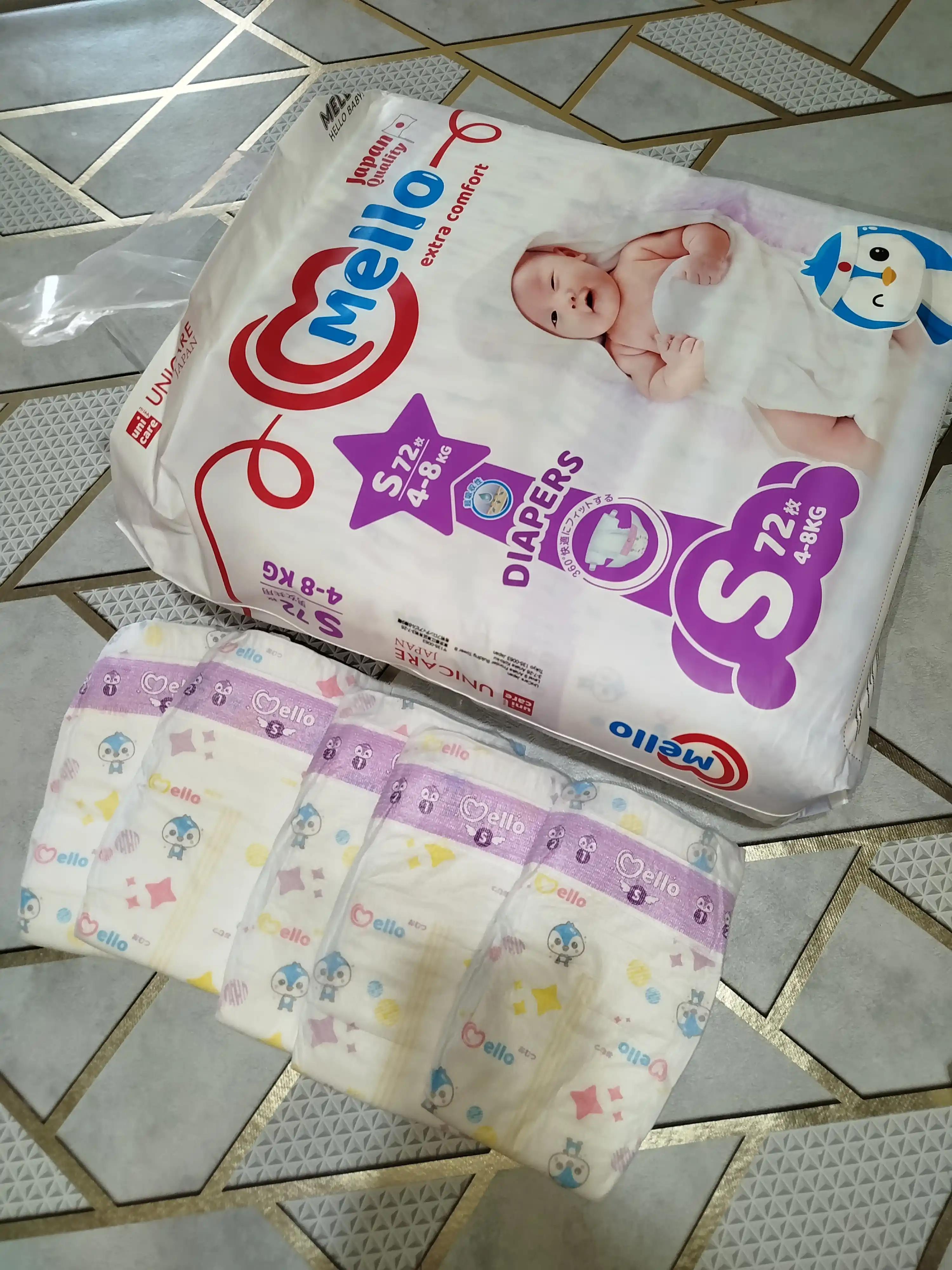 Yangi tug'ilgan chaqaloqlar uchun tagliklar MELLO,  S 4-8 kg, 72 dona