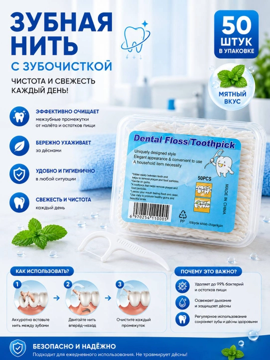 Tish ipi tish kovlagich bilan, flosser 50 dona, yalpiz ta’mli, qutichada