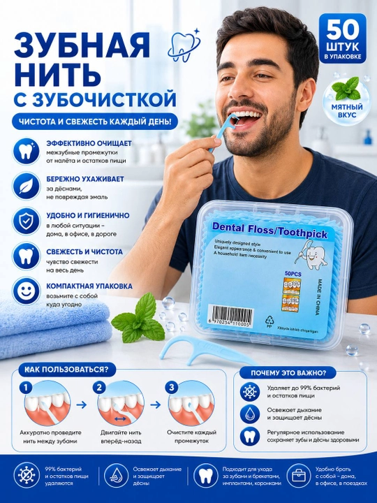 Tish ipi tish kovlagich bilan, flosser 50 dona, yalpiz ta’mli, qutichada - 