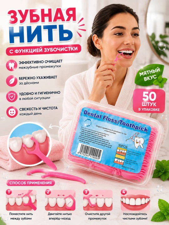 Tish ipi tish kovlagich bilan, flosser 50 dona, yalpiz ta’mli, qutichada - 