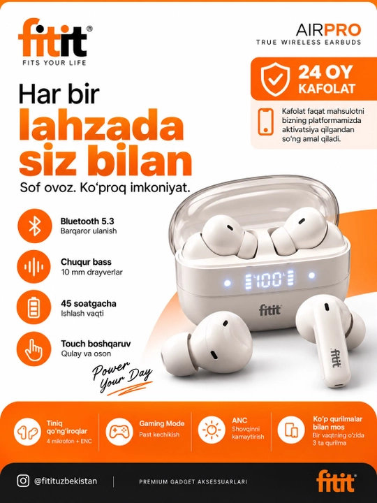 Simsiz naushnik, mikrofon, 45 soat batareya, Bluetooth 5.3, sensorli,simsiz zaryad - FITIT