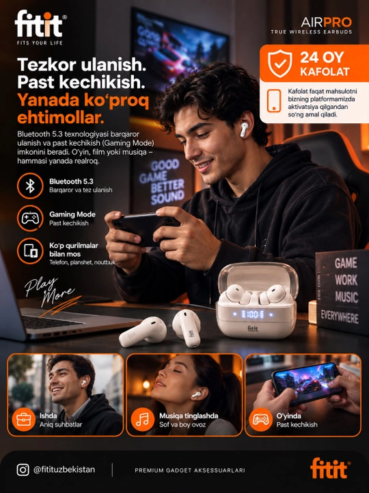 Simsiz naushnik, mikrofon, 45 soat batareya, Bluetooth 5.3, sensorli,simsiz zaryad - FITIT