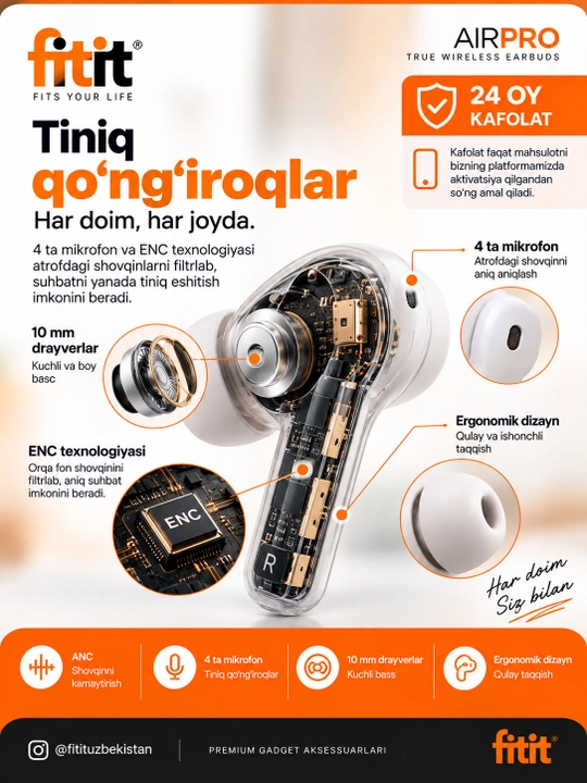 Simsiz naushnik, mikrofon, 45 soat batareya, Bluetooth 5.3, sensorli,simsiz zaryad - FITIT