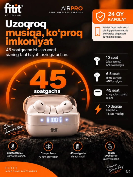 Simsiz naushnik, mikrofon, 45 soat batareya, Bluetooth 5.3, sensorli,simsiz zaryad - FITIT