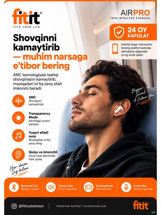 Simsiz naushnik, mikrofon, 45 soat batareya, Bluetooth 5.3, sensorli,simsiz zaryad - FITIT