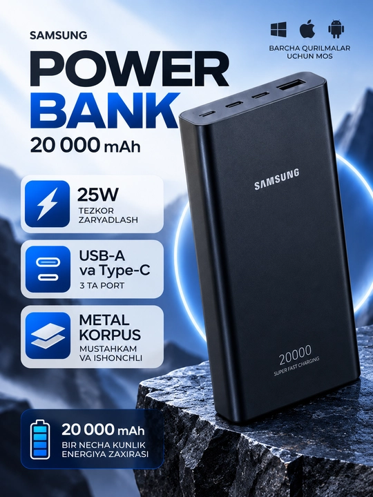 Внешний аккумулятор Samsung емкостью 20000мА·ч—сверхбыстрая зарядка 25Вт/45W +кабельType-C - 