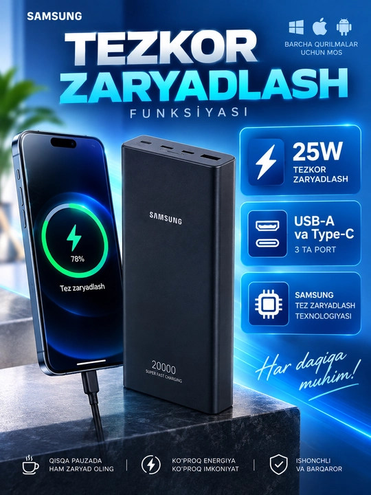 Samsung 20 000 mAh Power Bank — 25W/45W quvvat Super tezkor zaryadlash+type-c kabel