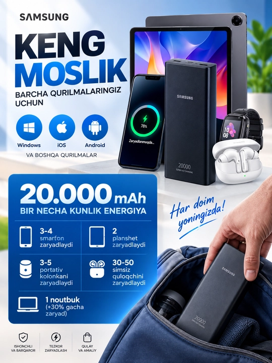 Samsung 20 000 mAh Power Bank — 25W/45W quvvat Super tezkor zaryadlash+type-c kabel
