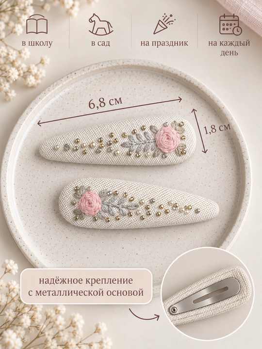 Бант для волос с вышивкой + заколки, детский аксессуар ручной работы