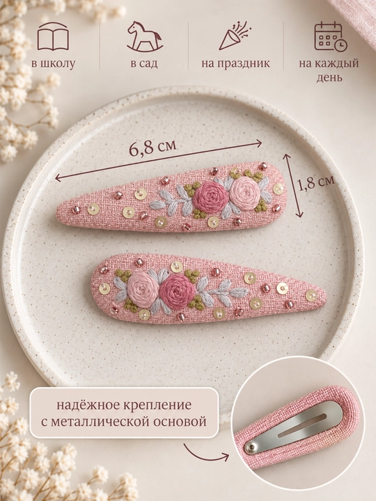 Бант для волос с вышивкой + заколки, детский аксессуар ручной работы