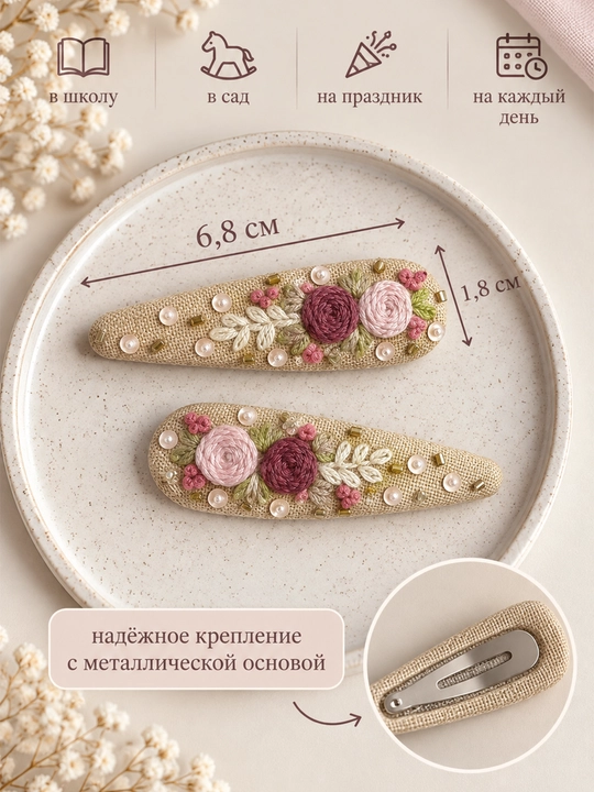 Бант для волос с вышивкой + заколки, детский аксессуар ручной работы