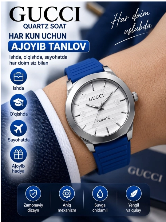 Erkaklar qo‘l soati Gucci, universal razmer, ko‘k silikon tasma, zamonaviy va qulay dizayn
