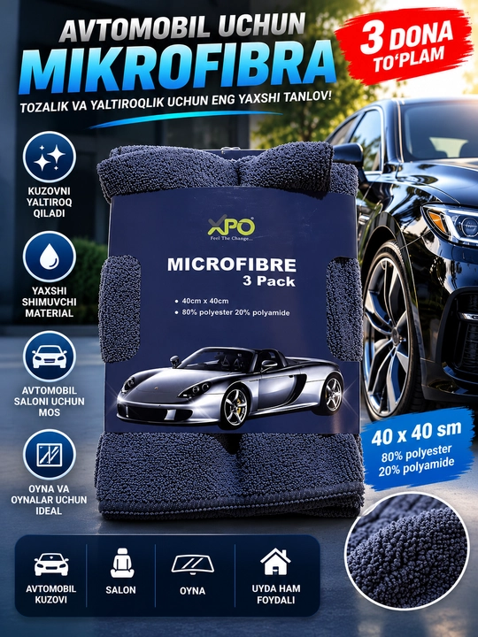 Avtomobil uchun mikrofibra salfetka, 3 dona, 40×40 sm - 