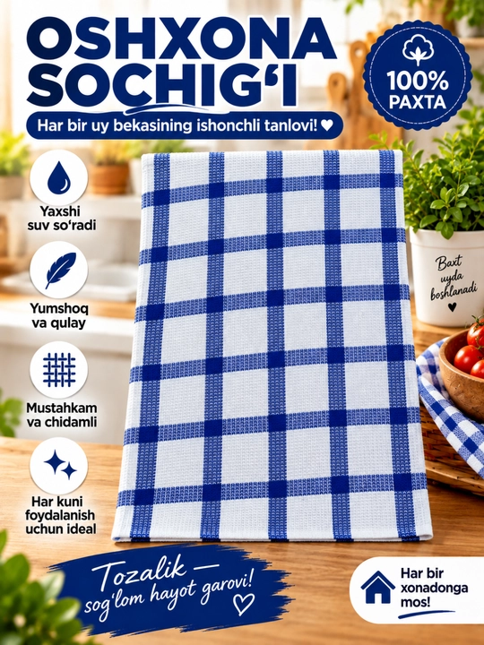 Oshxona uchun katakli paxta latta-sochiq, ko‘p maqsadli - 