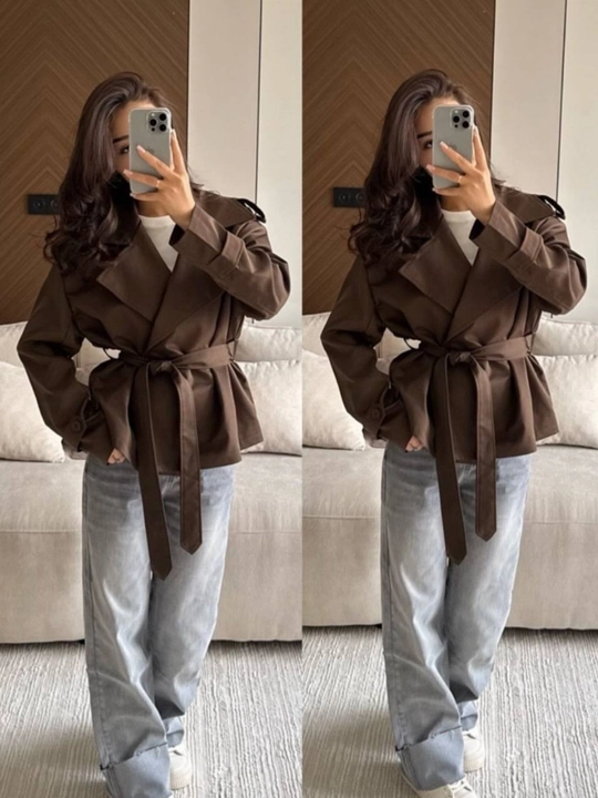 Ayollar uchun ekocharm kurtka pidjak jaket, tugmali va belbog'li bahorgi,kuzgi ustki kiyim