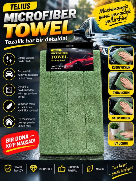 Avtomobil uchun mikrofiber sochiq 40×60 sm, kuzov va oynalar uchun - 