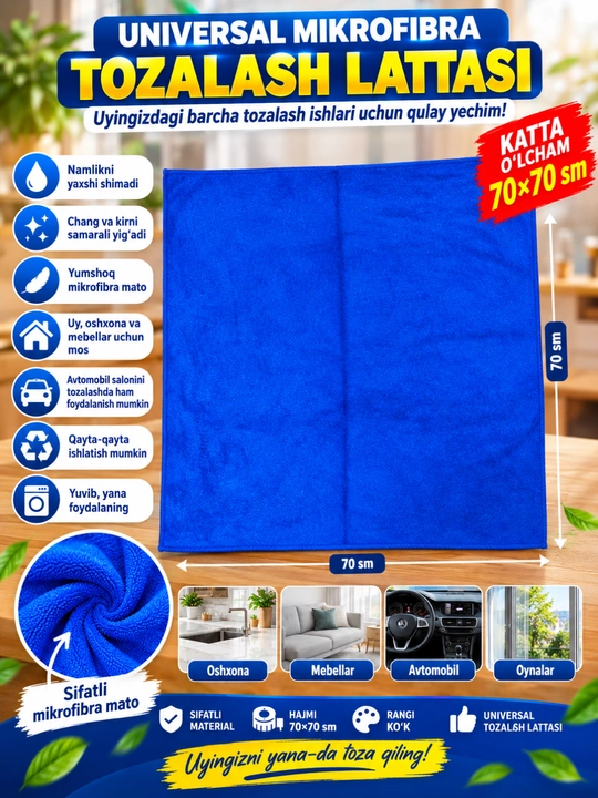Tozalash uchun universal, yumshoq va yaxshi shimadigan katta mikrofiber latta