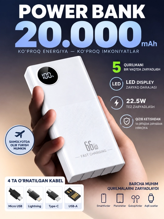 Power Bank 20000mA 66-22.5W tezkor quvvat bilan tashqi akkumulyatori, +4 kabel bilan