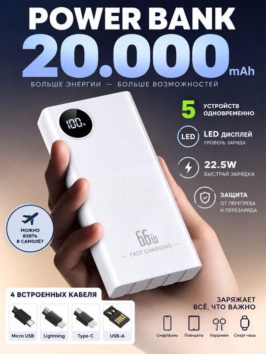 Внешний аккумулятор Power Bank 20000mA 66-22.5W, с быстрой зарядкой +4 кабеля - 