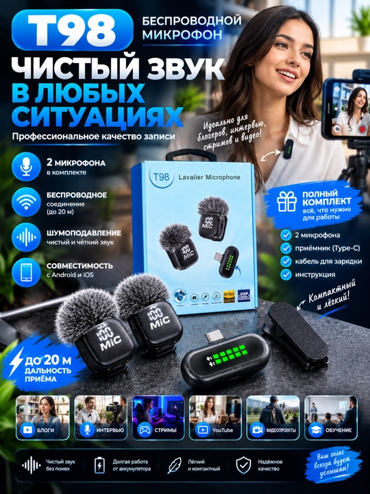 Simsiz Lavalier Mikrofon T98 Type-C | DSP Shovqinni Kamaytirish | Vlog va Intervyu uchun