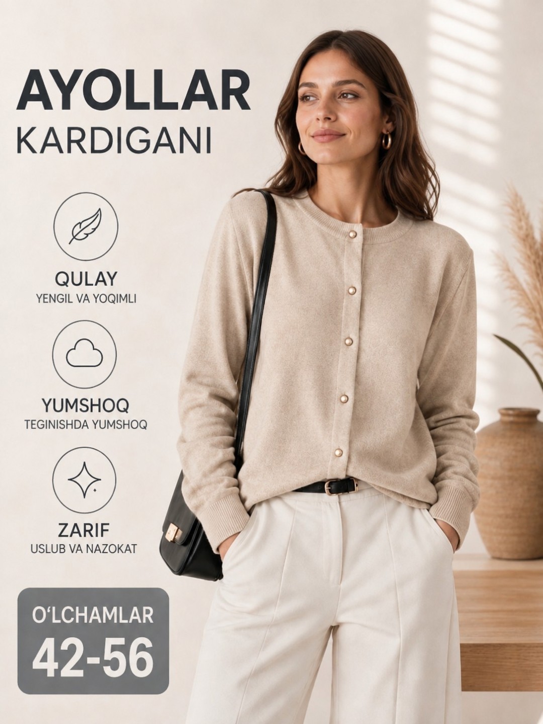 Ayollar kardigani, tugmali, uzun yengli, kuzgi trikotaj ustki kiyim - 