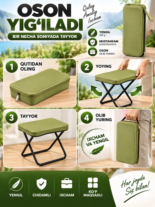Yig‘ma stul portativ, kemping va sayohat uchun, 32×28×30 sm