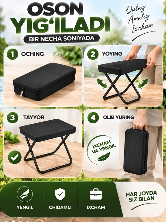 Yig‘ma stul portativ, kemping va sayohat uchun, 32×28×30 sm